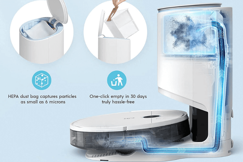 Die Funktionsweise eines Saugroboters mit einer Absaugstation wird bildlich dargestellt